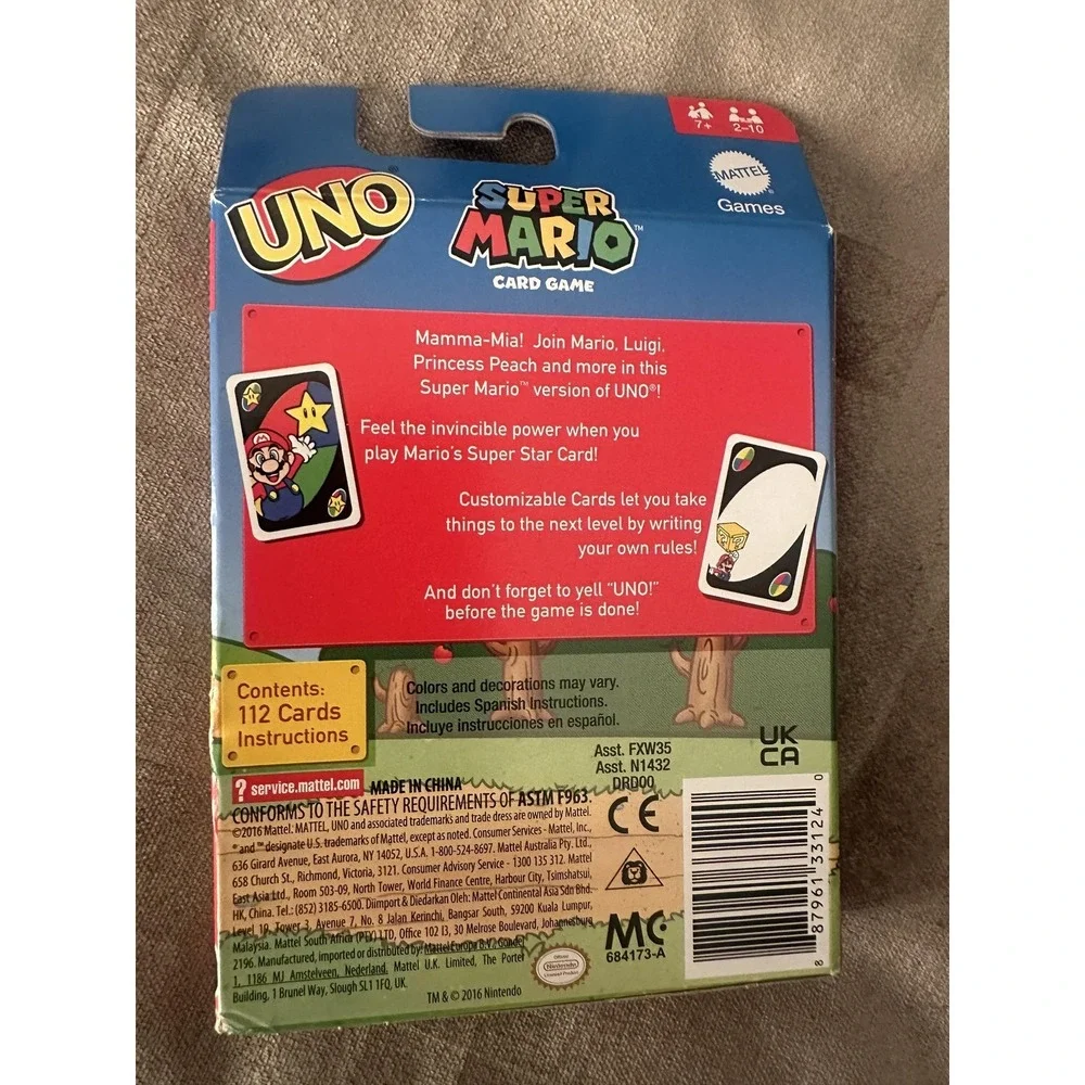 UNO Super Mario Card Game Mattel Nintendo 2016 Party Family Cards 112pcs 7+ 2-10